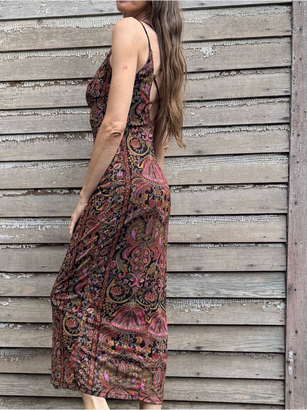 90s Vintage Paisley Maxi Dress Crisscross Back - Mesh  dress open strappy back - Picture 4 of 13